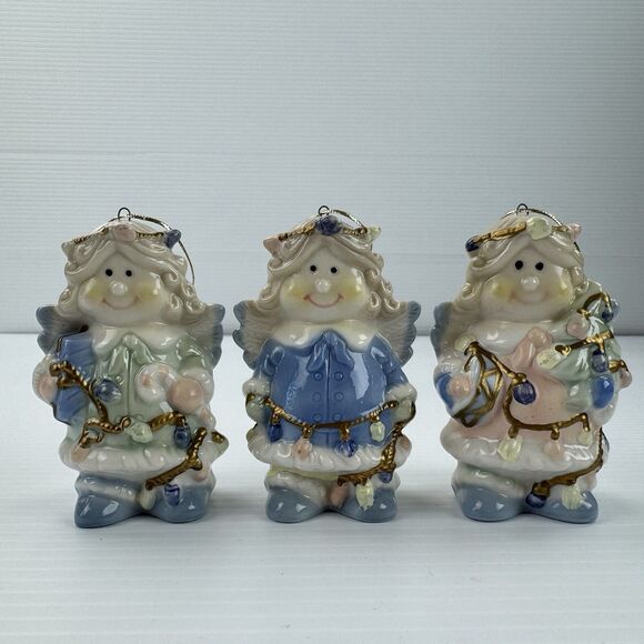 Set of 3 Vintage Ceramic Angel Ornaments Pastel Gold Trim Christmas - Picture 1 of 11